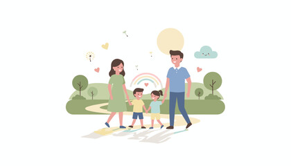 Happy family with two children walking in a park Love care togetherness lifestyle