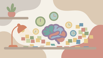 Creative thinking time management and idea generation concepts with brain clocks and notes