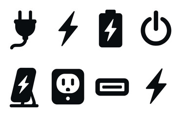 Black electric icons collection: plug, power, battery, charge, energy symbols