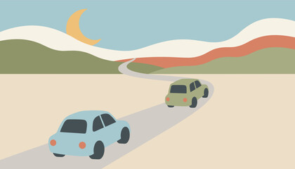 Obraz premium Two cars on a winding road through a peaceful abstract landscape under a crescent moon Travel concept