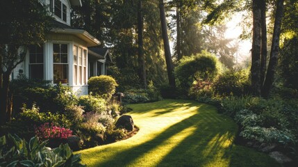 Obraz premium Serene Garden Landscape with Sunlight Filtering Through Trees, Lush Green Grass, and Colorful Flower Beds in a Peaceful Outdoor Setting