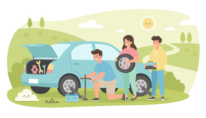 Friends help change a flat tire on a car during a road trip in a scenic landscape