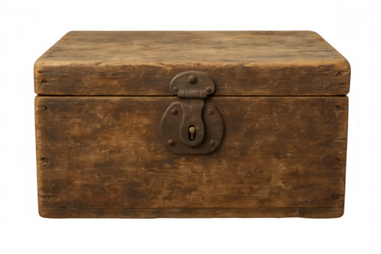 Old wooden chest with metal lock on transparent background, symbolizing treasure, history, and storage