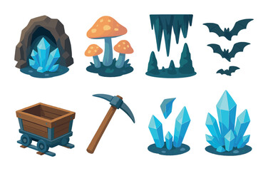 Fantasy cave exploration with crystals, mushrooms, bats, and mining tools