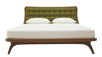 Modern bed with olive-green tufted headboard, white bedding, and wood frame