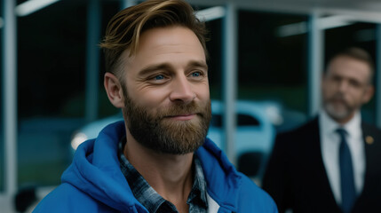 Smiling young man in blue hoodie at a car dealership