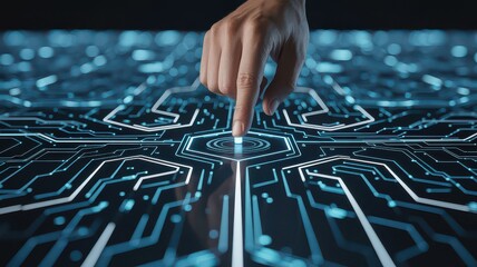 A finger pressing a glowing button on a futuristic circuit board interface with blue light trails