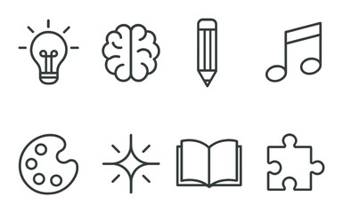 Symbols of creativity: lightbulb, brain, pencil, music note, palette, sparkle, book, puzzle