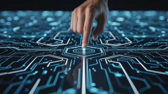 A finger pressing a glowing button on a futuristic circuit board interface with blue light trails