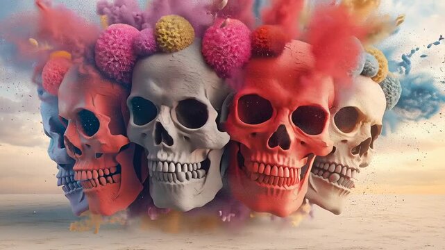 Colorful skulls rotating in the sand