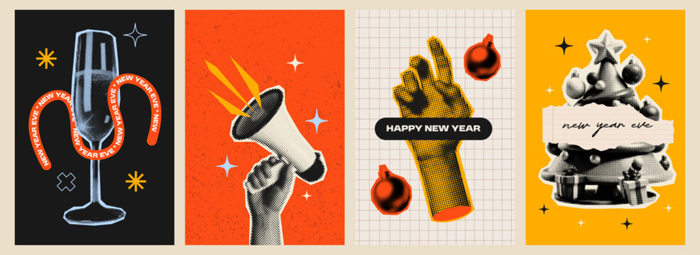 4 New Year posters in retro halftone style. Retro vintage holiday elements like champagne, megaphones, ornaments and Christmas trees. Ideal party flyers, social media graphics and other templates. - Powered by Adobe