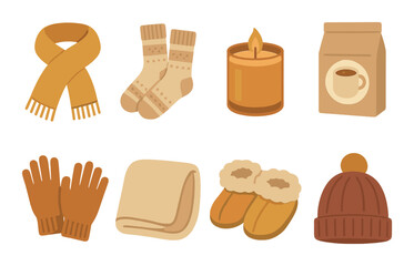 Cozy autumn essentials: scarf, socks, candle, coffee, gloves, blanket, slippers, hat