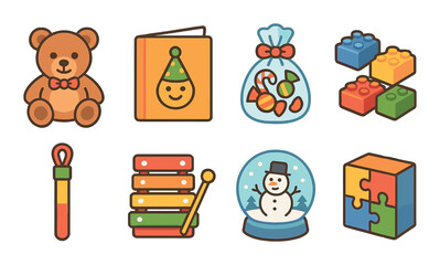 Naklejka premium Colorful assorted toys: teddy bear, puzzle, lego, xylophone, and more