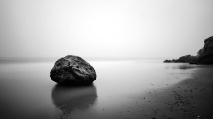 Moody black and white beach scene with a lone boulder and foggy atmosphere