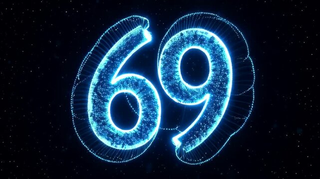 Glowing abstract number 69 on a cosmic background with swirling light effects