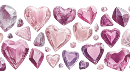 Pink gemstone hearts and crystals arrayed, jewel-toned on black background