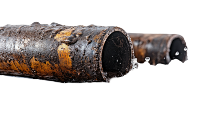 Rusty pipes leak drops of water on a dark background, close up
