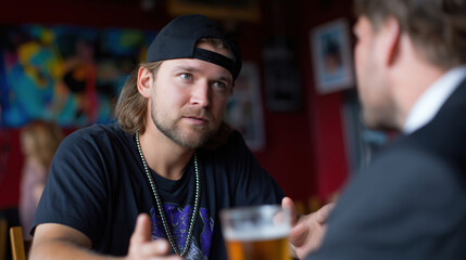 Conversation between friends in a lively bar setting