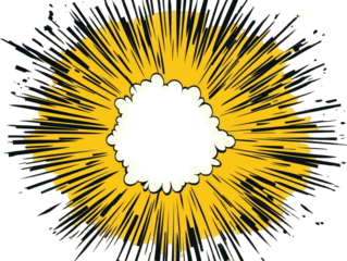 Cartoon explosion with bright yellow radiating streaks and fluffy white center