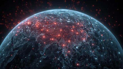 A digital earth with red and white glowing connections over asia and surrounding areas in space