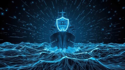 A digital cargo ship sailing on wireframe waves with a shield above it in a dark blue scene