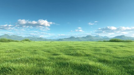 Fototapeta premium Lush Green Grass Field Under Bright Blue Sky with Fluffy Clouds and Mountains in Background Capturing Serene Nature Landscape
