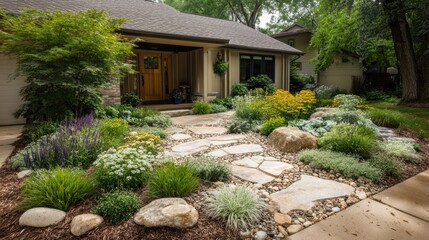 Fototapeta premium Beautiful front yard landscape design with diverse plants, stone walkway, and lush greenery creating a serene outdoor environment for relaxation