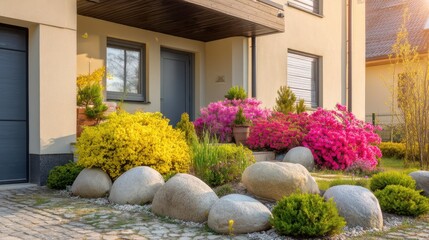Beautiful residential entrance with colorful blooming flowers and decorative stones in a serene garden setting during golden hour light
