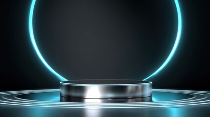 Futuristic Stage Display with Neon Blue Glow and Shiny Circular Base in a Dark Environment for Creative Presentations and Digital Showcases
