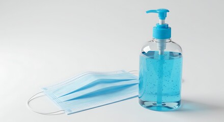 A clear bottle of hand sanitizer with a blue pump next to a blue face mask.