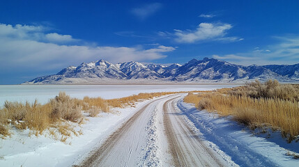 Empty sand spit road stretches through a vast salt lake, evoking solitude, endless journey, minimalism, and the stark beauty of a remote, desolate landscape.