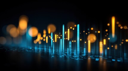 Abstract digital representation of sound waves with vibrant blue and orange colors glowing against a dark background, ideal for music and technology themes