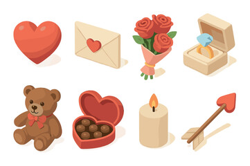 Valentine symbols: heart, envelope, roses, ring, teddy bear, chocolates, candle, arrow
