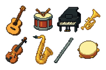 Pixel art musical instruments collection: guitar, drum, piano, trumpet, violin, saxophone, flute, tambourine