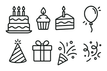 Birthday celebration icons: cake, balloon, gift, and more party elements