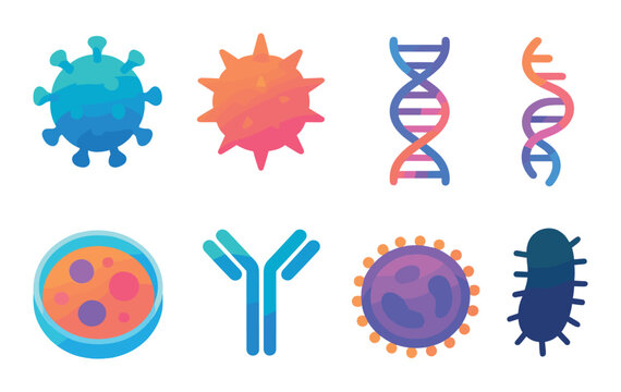Colorful glowing microbial illustrations featuring viruses, bacteria, dna, and antibodies