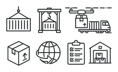 Shipping and logistics icons set illustrating transport, delivery, and warehousing concepts