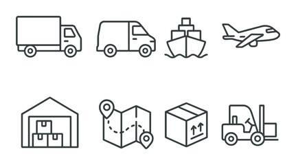 Logistics icons: truck, van, ship, plane, warehouse, map, package, forklift