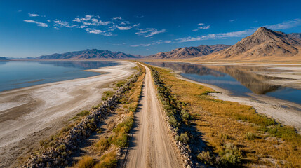 Naklejka premium Empty sand spit road stretches through a vast salt lake, evoking solitude, endless journey, minimalism, and the stark beauty of a remote, desolate landscape.