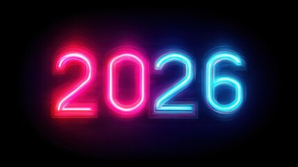 Neon Numbers 2026 in Bright Pink and Blue Lights on Black Background, Ideal for New Year Celebrations, Event Announcements, and Future Planning Themes