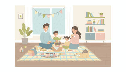 Happy family enjoying an indoor picnic on a rainy day Quality time and togetherness at home