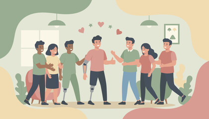 Diverse group with disabilities showing support friendship and inclusion in a happy community
