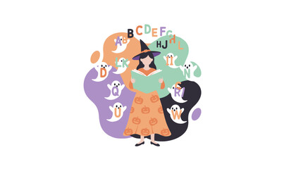 Halloween witch reading surrounded by playful alphabet ghosts Learning and education