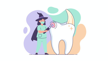 Dentist in witch costume polishing a sparkling tooth for dental hygiene Halloween dental care concept