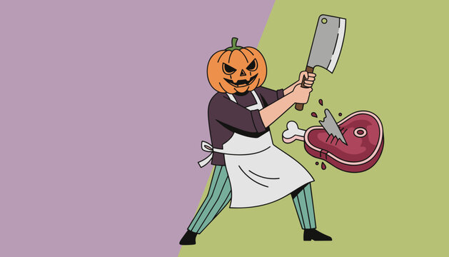 Halloween butcher with pumpkin head chops meat festive horror theme for fall celebrations