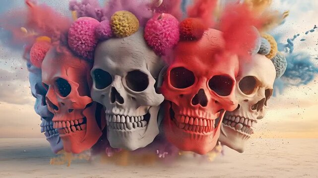 Colorful skulls rotating in the sand
