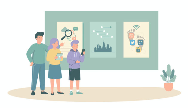 Team analyzes digital data social media footprint and online privacy concepts for business