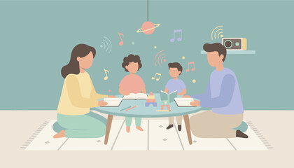Happy family reading and playing together at home fostering learning and bonding