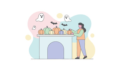 Woman decorating home for Halloween with colorful pumpkins ghosts and bats Festive holiday lifestyle