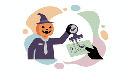 Spooky business Pumpkinheaded character in a suit stamps a document for Halloween events